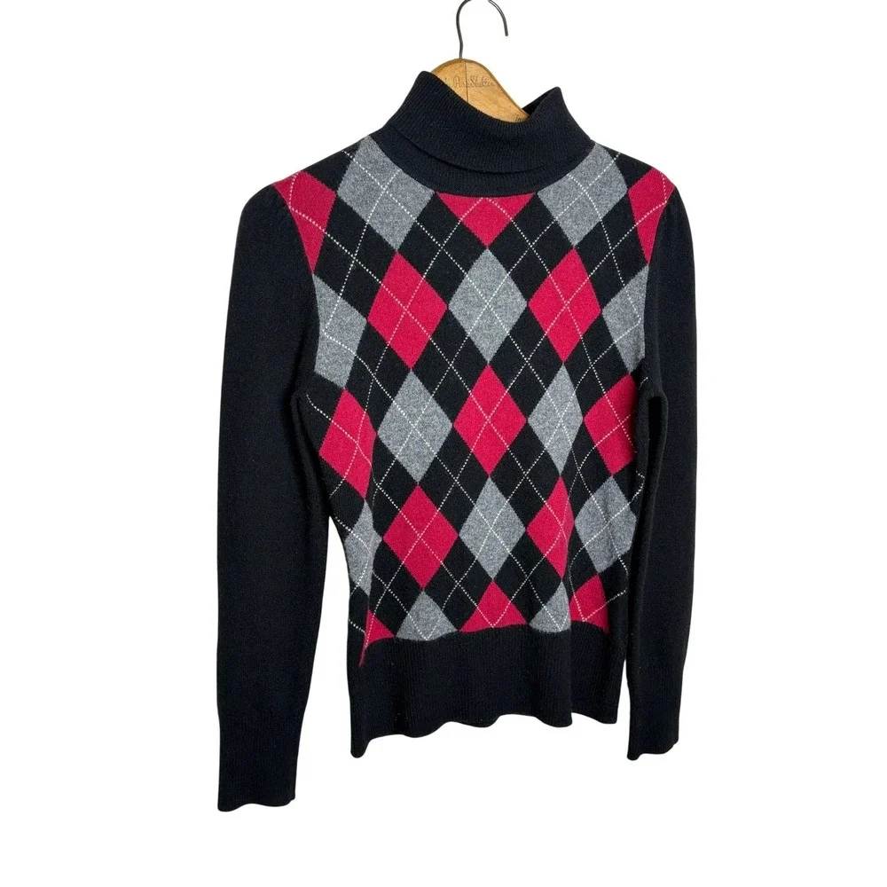 Apt 9 100% Cashmere Argyle Turtleneck Sweater Women's Size M Black Red Gray - Picture 2 of 6